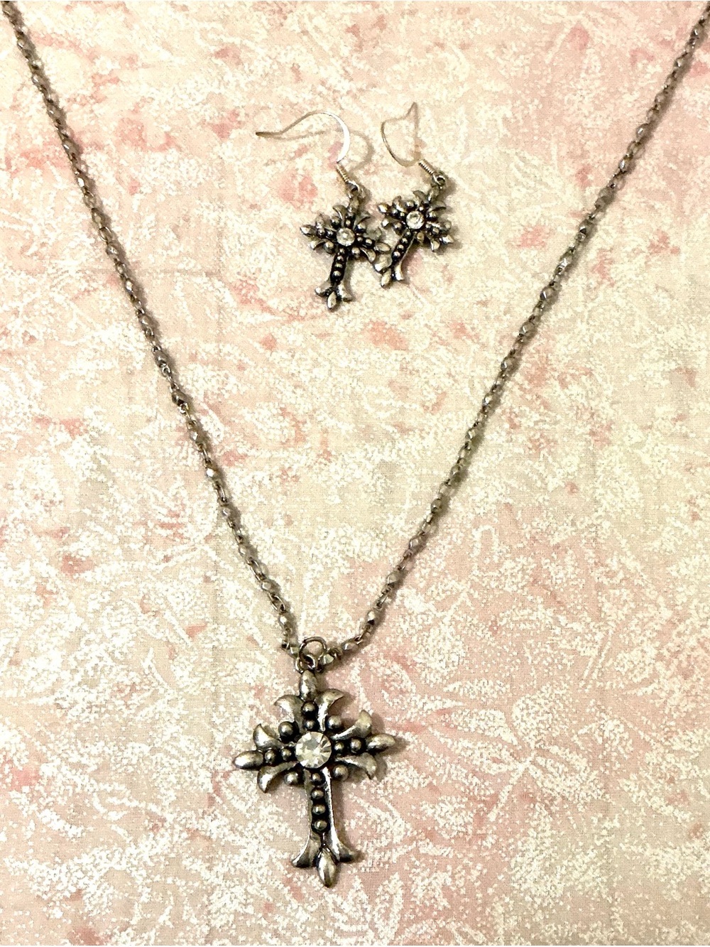 Silver Cross Pendant Necklace with Matching Earrings - Silver
